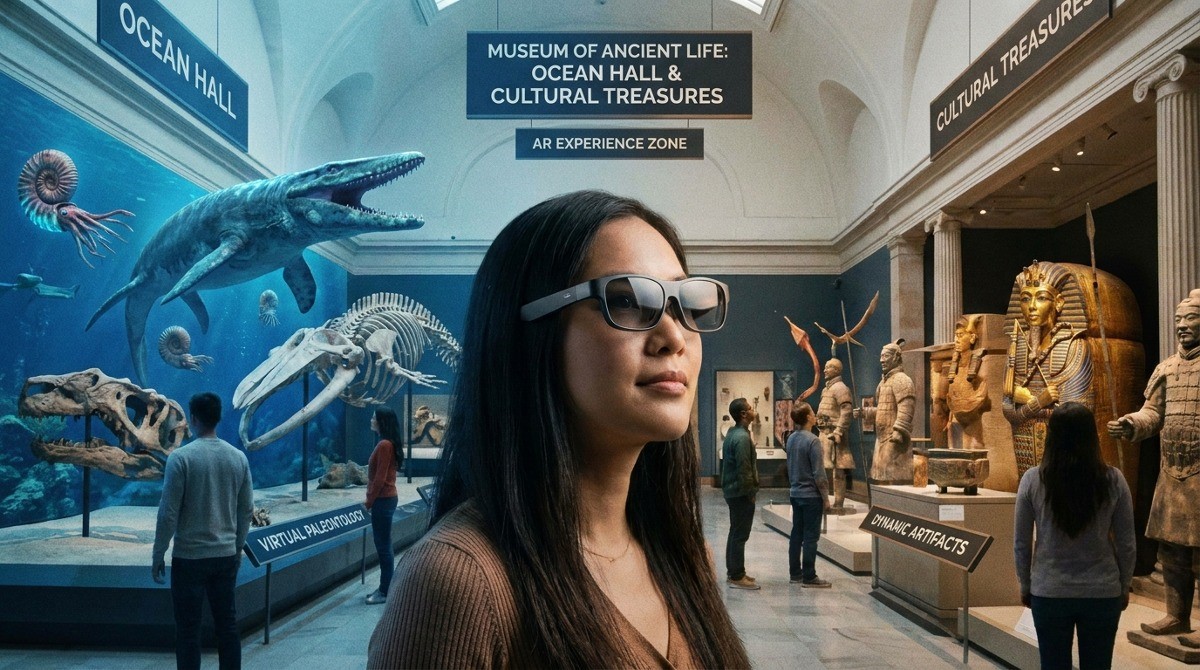 inside museum exhibition hall, tourist wearing lightweight AR glasses viewing exhibits, virtual marine creatures and ancient cultural relics emerge from physical exhibits inside museum exhibition hall, tourist wearing lightweight AR glasses viewing exhibits, virtual marine creatures and ancient cultural relics emerge from physical exhibits